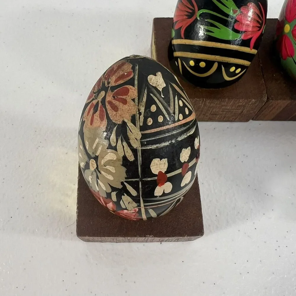 Wooden Hand Painted Lacquered Eggs Bright Decorative Floral‎ Easter